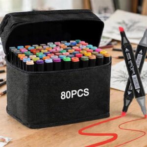 Kit de 80 Canetas Marcador Permanente Ponta Dupla Coloridas para Desenho Profissional Escolar Infantil com Estojo Organizador Base Artista Canetinhas Hidrográficas Alcool Caneta para Colorir