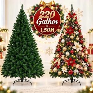 Árvore de Natal 1 50 150cm 1,50m Pinheiro Verde Luxo 220 Galhos Cheia Premium Fácil de Montar Desmontável para Decoração Natalina de Casa, Sala, Escritório e Loja A2SD