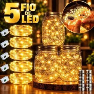 Kit 05 Fio De Fada Cordão De Led 2 Metro E 20 Leds Cada Pilhas Inclusa Luz Amarelo Pisca Pisca Natal Decoração Marca Kururuá