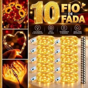 Kit 10 Fio De Fada Cordão De Led 2 Metro E 20 Leds Cada Luz Amarelo Pisca Pisca Natal Pilhas Inclusa Decoração Marca Kururuá