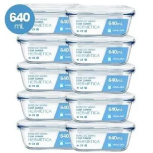 Kit 10 Pote Vidro Hermético Marmita 640ml Micro-ondas Freezer Forno Organização Geladeira