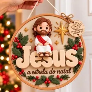Guirlanda Decoração de Natal MDF Mini Jesus Efeito 3D Enfeite de Natal Plaquinha Decorativa Natalina Pendurar Porta m