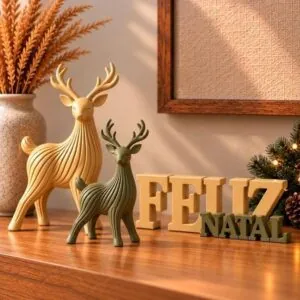 Kit Natalino 2 Renas + Plaquinha Feliz Natal Decoração de Natal 3D para Mesa