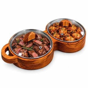 Gamela Redonda com Tampa de Vidro Madeira Teca Nobre Churrasco Tabua Tábua Carne Petisco Frios Cozinha Fondue