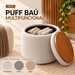 Puff Baú Redondo 40cm com Tampa Rígida Mesa de Apoio e Assento para Sala Quarto Closet Escritório