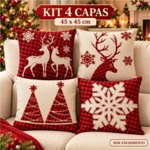 Kit 4 Capas de Almofadas Natalinas Decorativas 45x45 Estampadas C/ Ziper