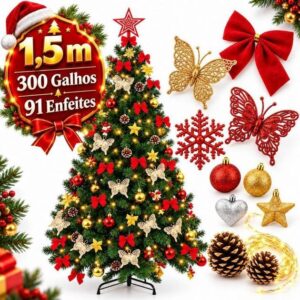 kit Árvore de Natal 1,5m Cheia Decorada 300 Galhos Verde Pé de Ferro 150cm Premium Pisca Led Laço Quente