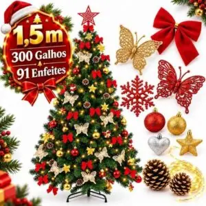 kit Árvore de Natal 1,5m Cheia Decorada 300 Galhos Verde Pé de Ferro 150cm Premium Pisca Led Laço Quente