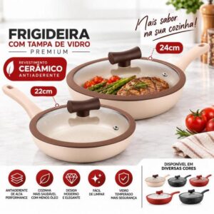 Frigideira Com Tampa Vidro Temperado Premium Cerâmica Antiaderente 22cm e 24cm Casa Cozinha