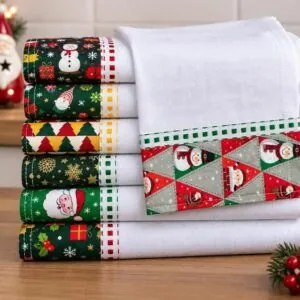 Pano De Prato Barrado Natal kit 05 pçs