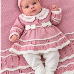 Vestido/Manta/Calça tricot saída maternidade RN kit conjunto com laço e pérola calça vira pé menina