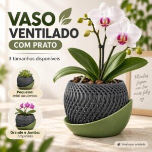 Vaso para Orquídea Ventilado c/ Prato Decorativo Orgânico Várias Cores Planta Suculenta Cacto Tulipa