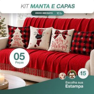 Kit Manta Decorativa P + 4 Capas de Almofadas Natalinas Estampa Digital Decoração Natal