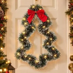 Enfeite de Porta Guirlanda Árvore de Natal Verde e Nevada Decoração Natalina
