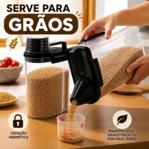 Kit Pote Hermético 2,5L Com Dosador e Copo Medidor Travas Laterais Armazenador de Grãos Liquidos Multiuso